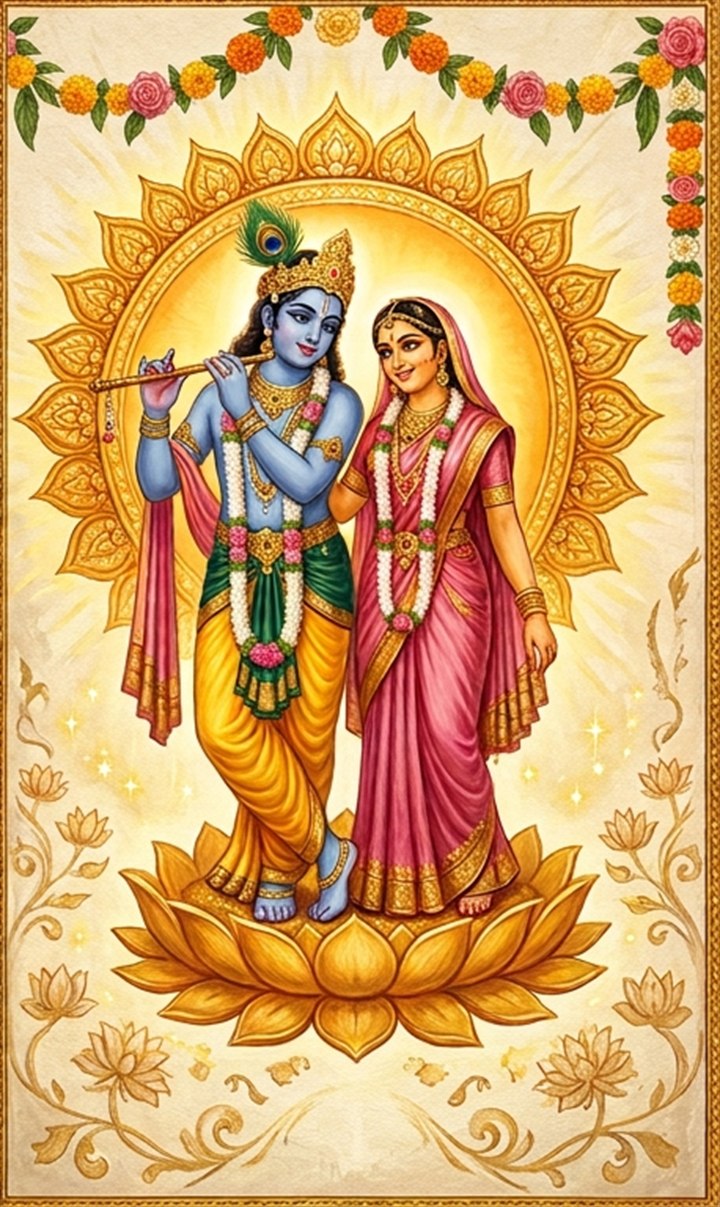 Sri Radha and Sri Krishna standing on a lotus within a radiant halo