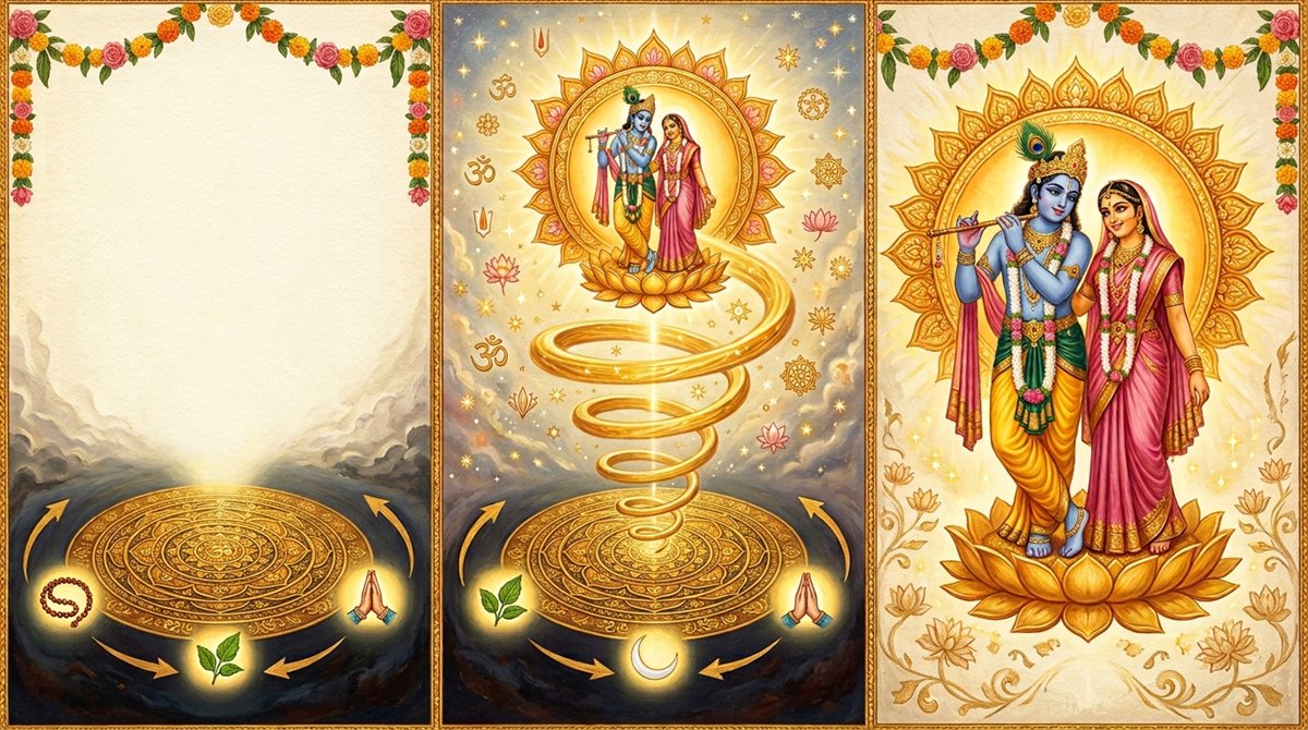 Three panels: the wheel of the five services at the base, a golden spiral rising from it, and Sri Radha and Sri Krishna at the summit