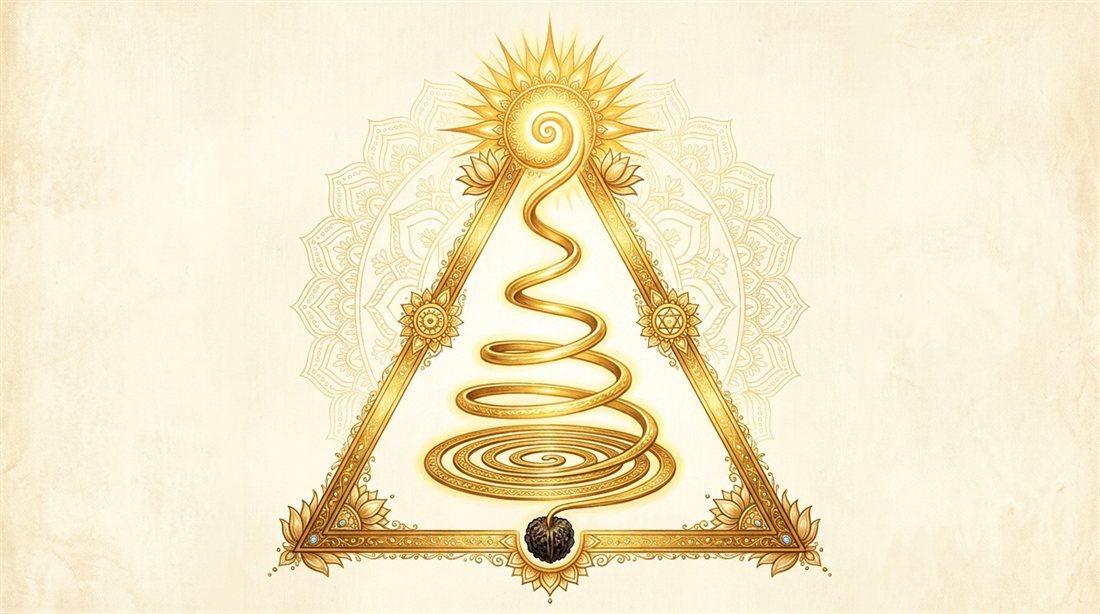 A golden spiral rising inside an upward arrow toward a radiant sun